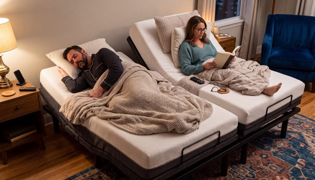 Couple on a Split King adjustable bed, one sleeping flat and one sitting up to read at night