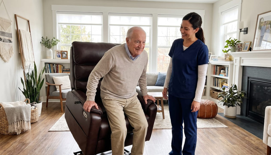 Older man sitting on a brown lift chair in a living room while a caregiver stands nearby
