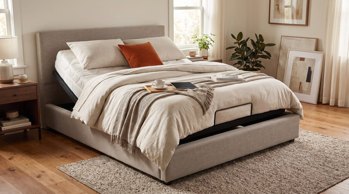 Adjustable bed with the head raised inside a beige upholstered surround, bedding draped over the sides