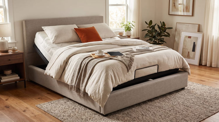 Adjustable bed with the head raised inside a beige upholstered surround, bedding draped over the sides