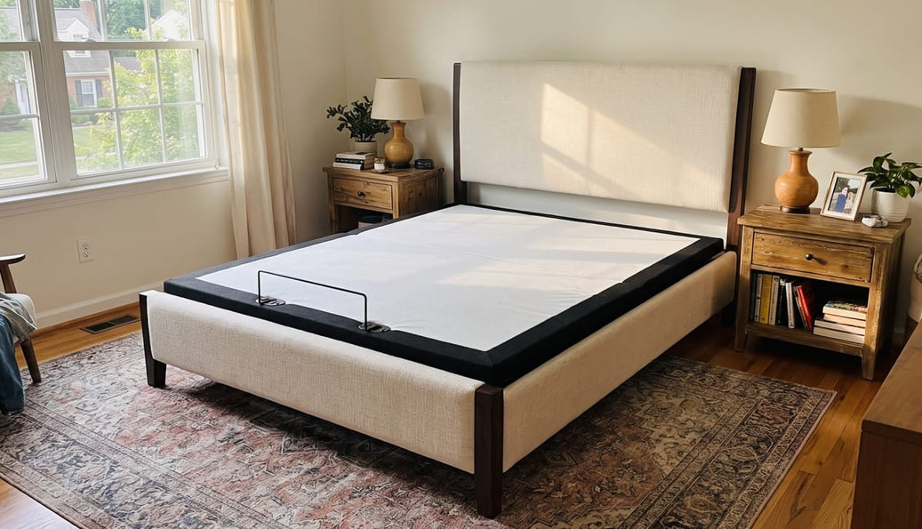 Adjustable base inside an upholstered bed frame with a tall fabric headboard in a bedroom