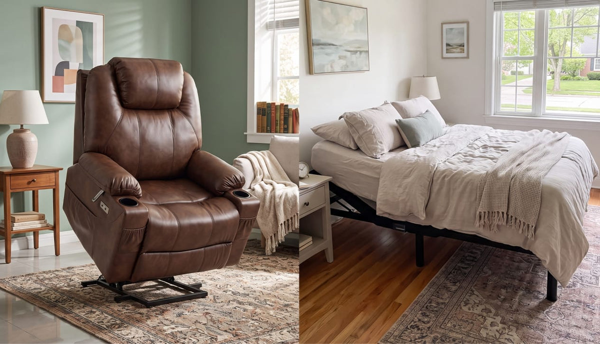 Split comparison of a brown lift chair tilting forward and an adjustable bed with the head raised