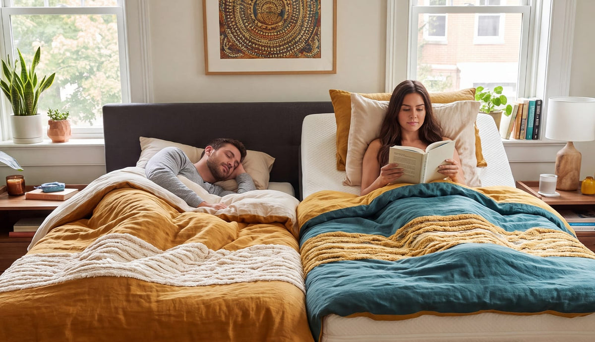 Couple in a Split King adjustable bed by a window, one side flat for sleep and the other raised for reading