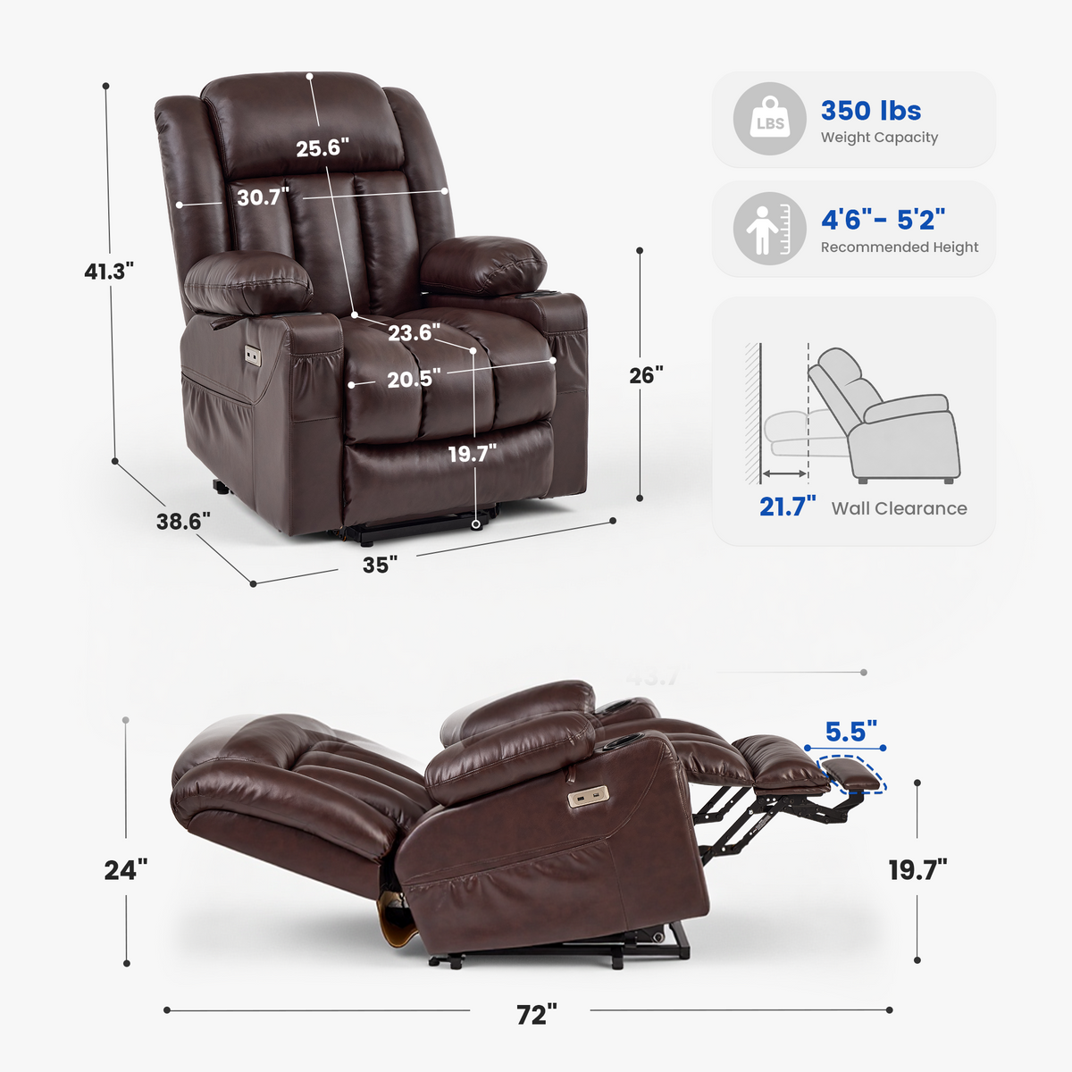 Medium power lift recliner dimensions: front, side, and reclined views