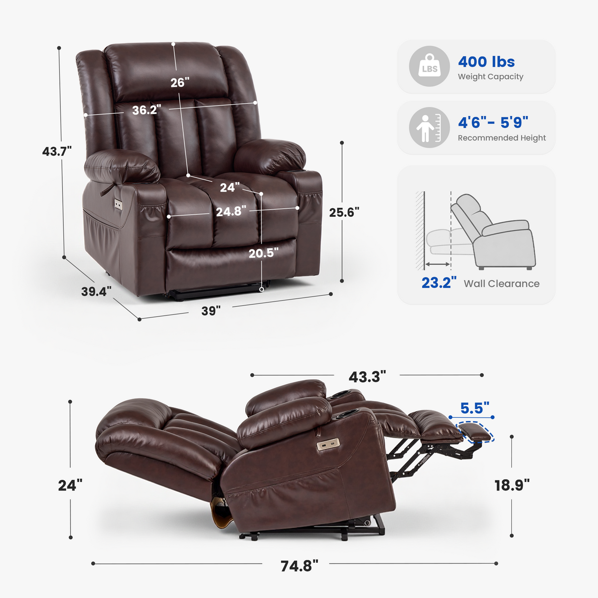Oversize power lift recliner dimensions: front, side, and reclined views