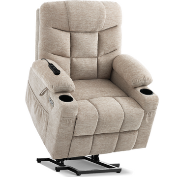 Oatmeal 6012 lift recliner in lifted position.