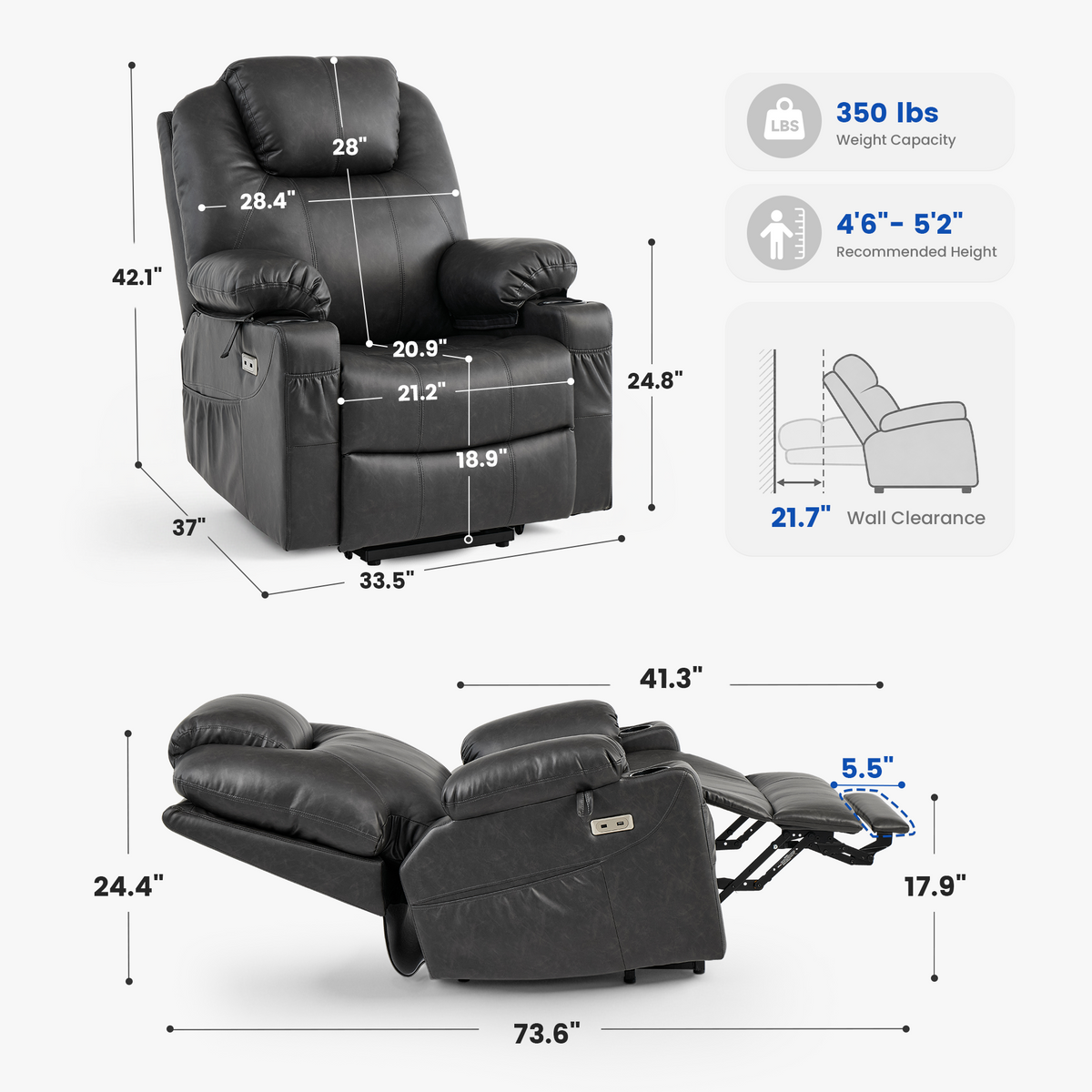 Medium power lift recliner dimensions: front, side, and reclined views