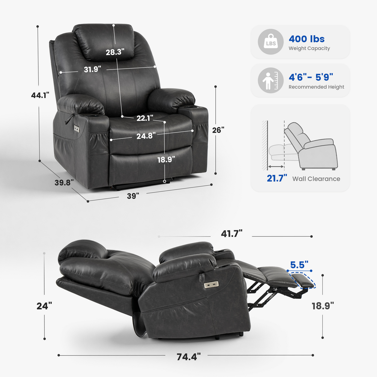Oversize power lift recliner dimensions: front, side, and reclined views