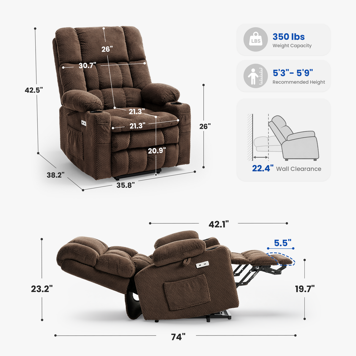 Medium power lift recliner dimensions: front, side, and reclined views
