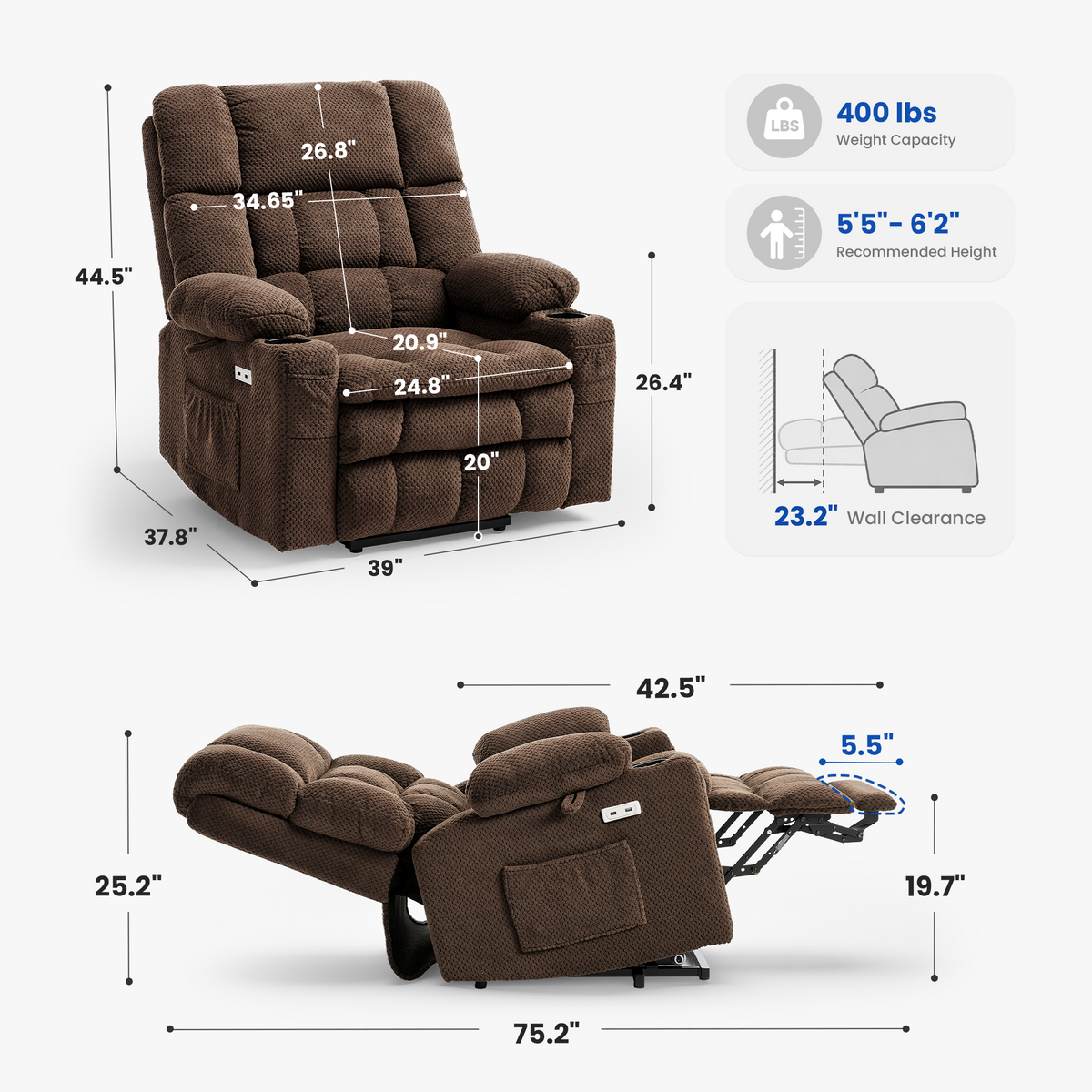 Oversize power lift recliner dimensions: front, side, and reclined views