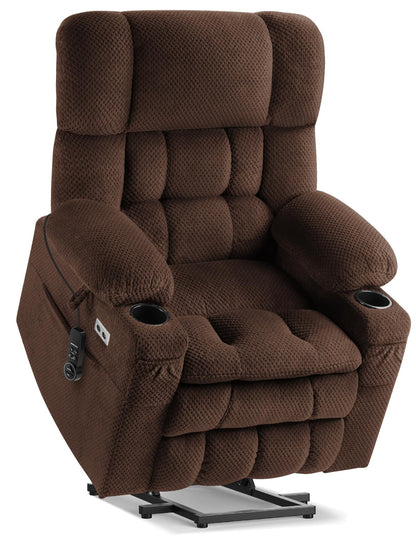 **Dual Motor Power Lift Chair Recliner T6015 - Plush Fabric, Dark Brown, Oversized