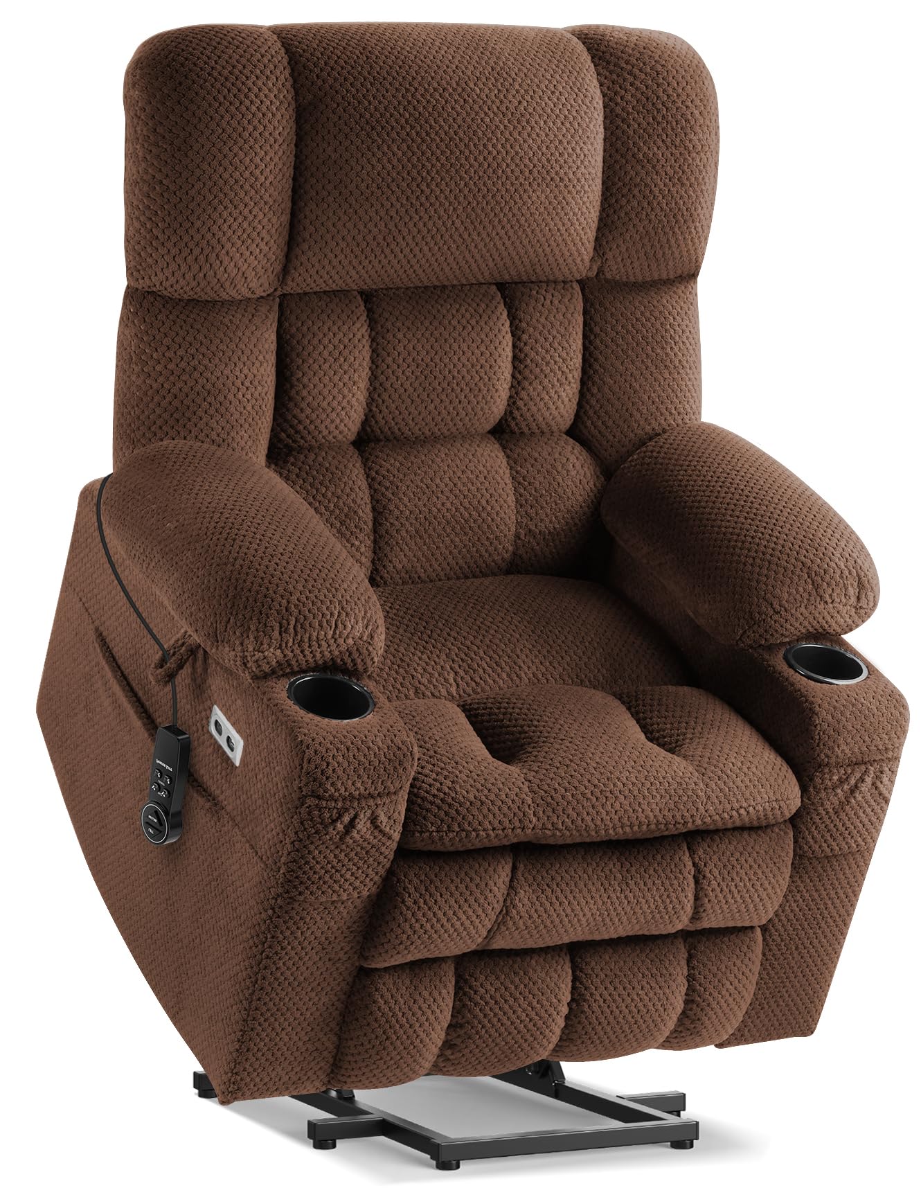 **Dual Motor Power Lift Chair Recliner T6015 - Plush Fabric, Dark Brown, Oversized