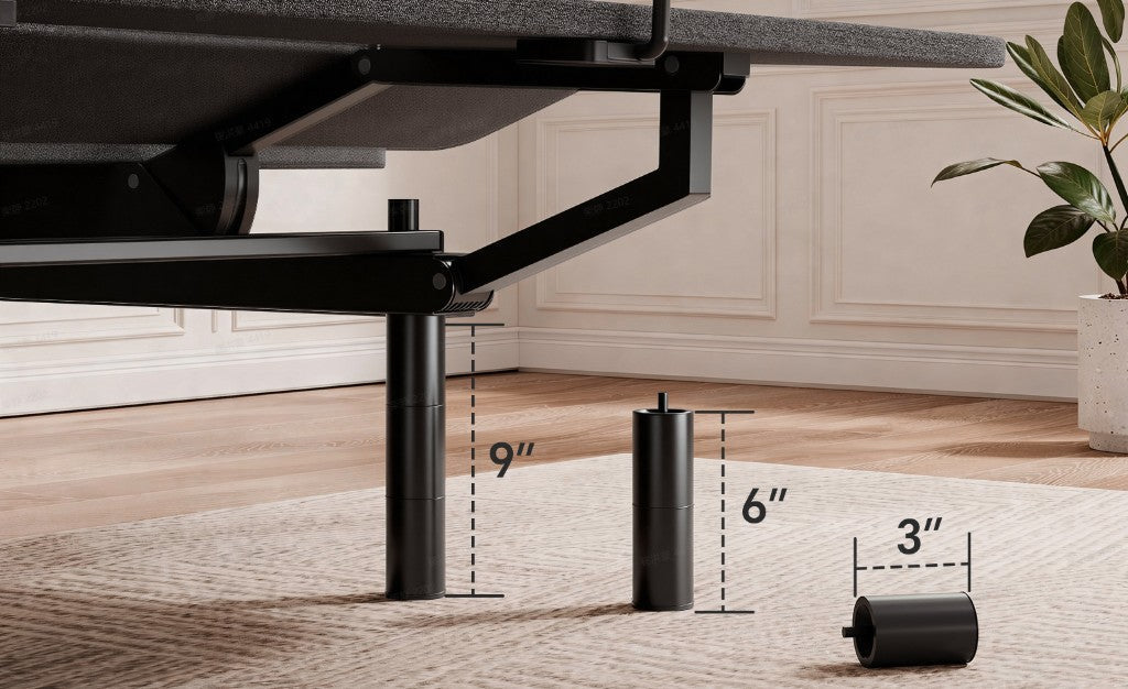 Tami Tami E300 adjustable bed frame modular legs shown at 9, 6, and 3 inches