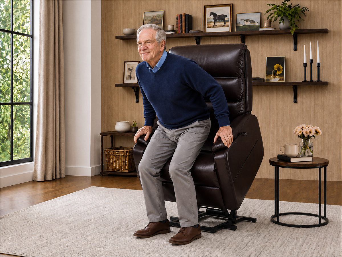 Man standing beside a Tami Tami power lift recliner