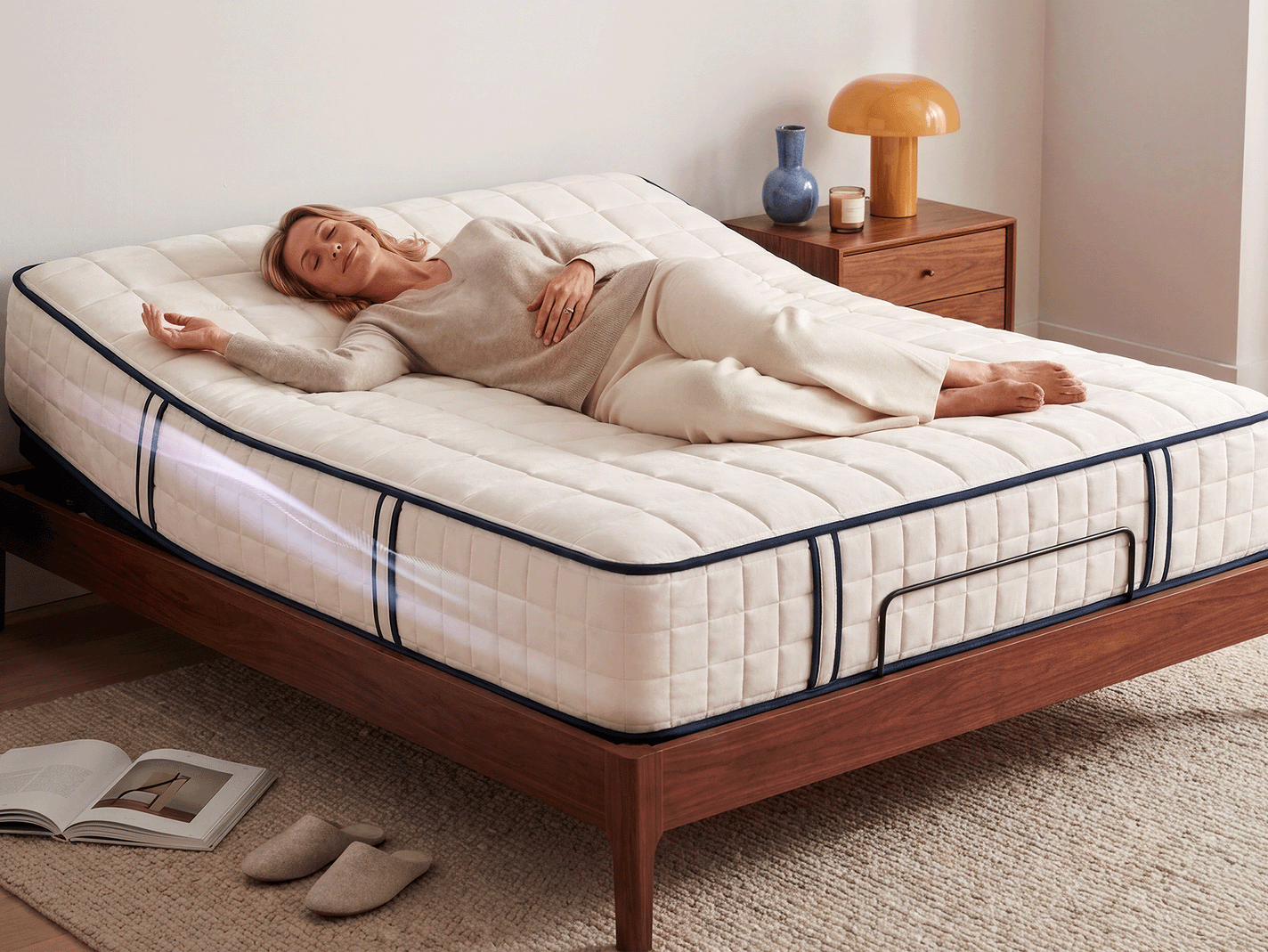Person relaxing on a T600-Premium adjustable bed with massage comfort