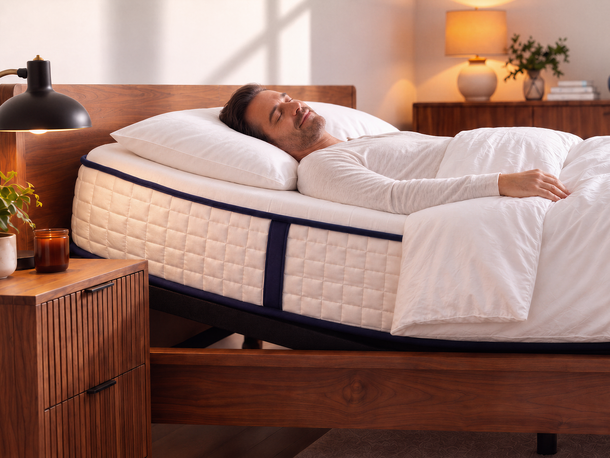 Man sleeping on a T600-Premium adjustable bed with the head slightly raised