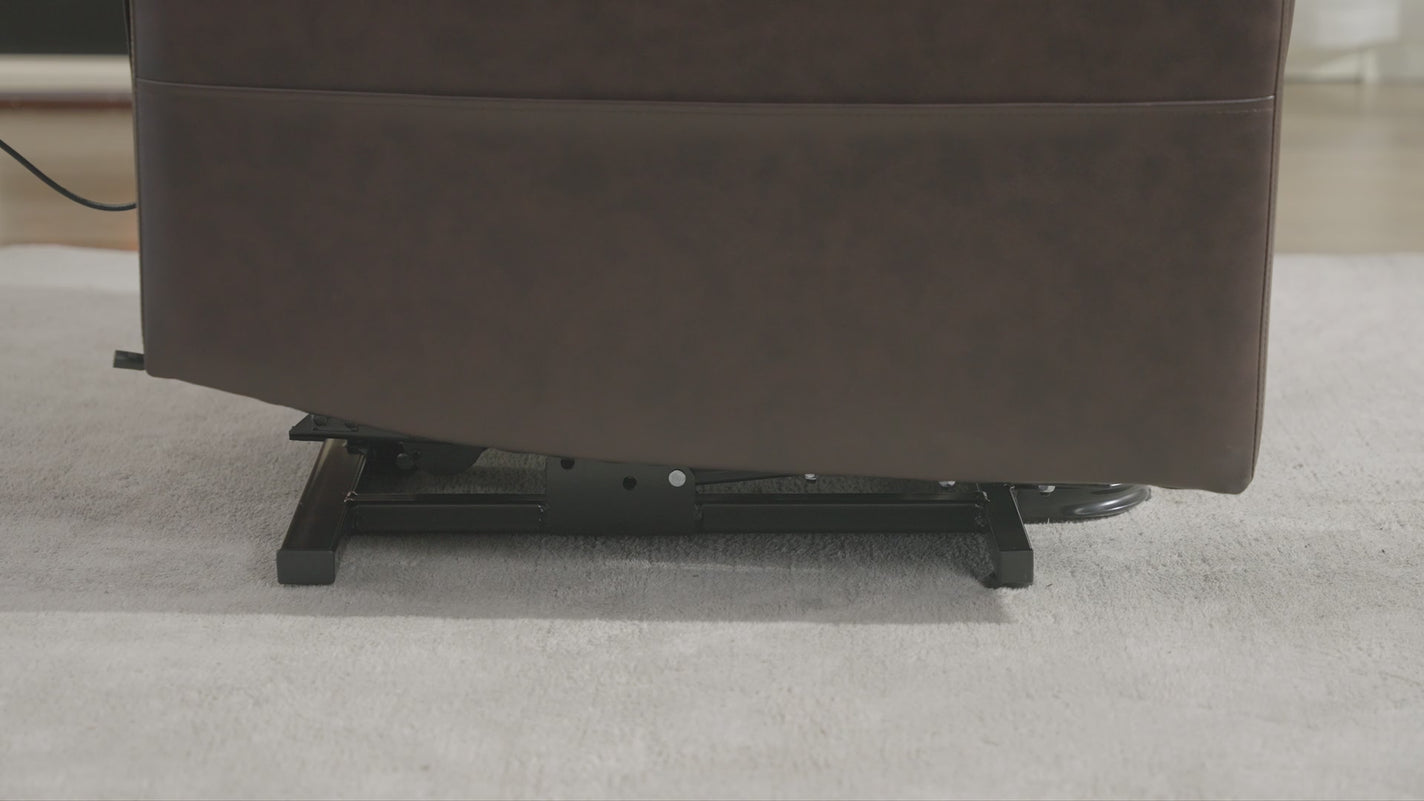 Dark brown 6011 recliner raising to standing position.